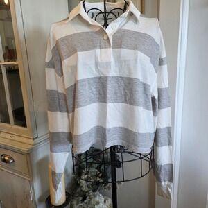 SO Sz S Gray White Striped Cropped Rugby Shirt Preppy Y2K Casual Streetwear‎
